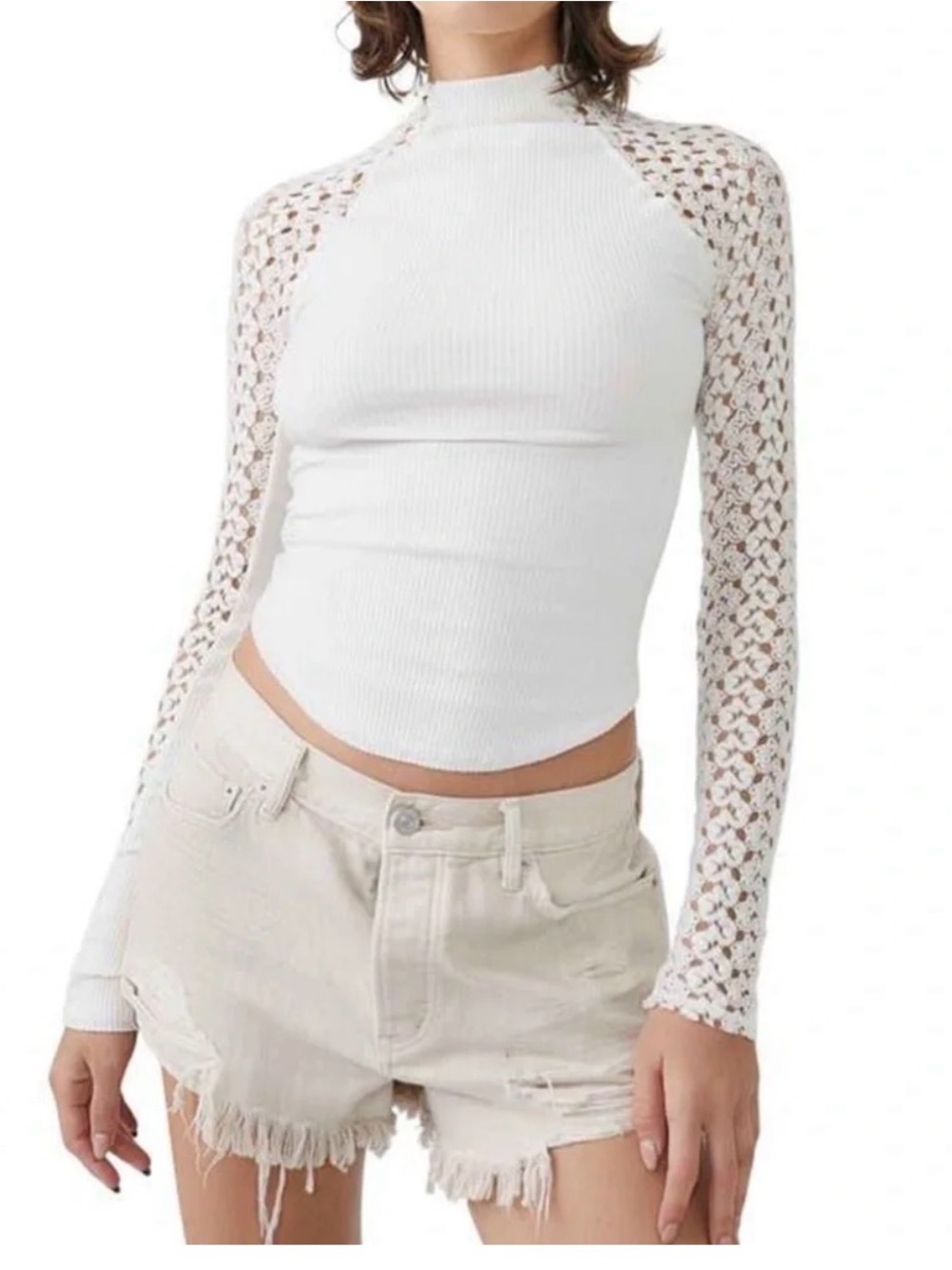 Free People Clemente Mixed Media White Mock Neck Crochet Lace Sleeves